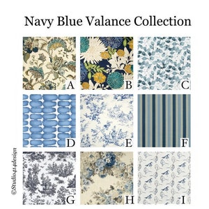 Navy Blue Valance Collection. Colors: Navy Blue & Multi Colors. Choose your Fabric. Custom Widths (20"-52")