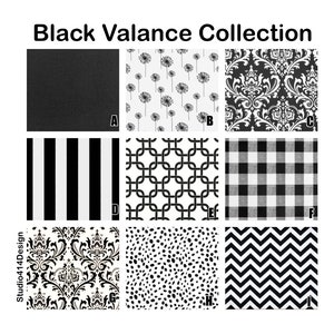 May include: Nine different black and white fabric swatches for a valance collection. The swatches include solid black, dandelion print, damask, stripes, chain link, gingham, floral damask, polka dot, and chevron.