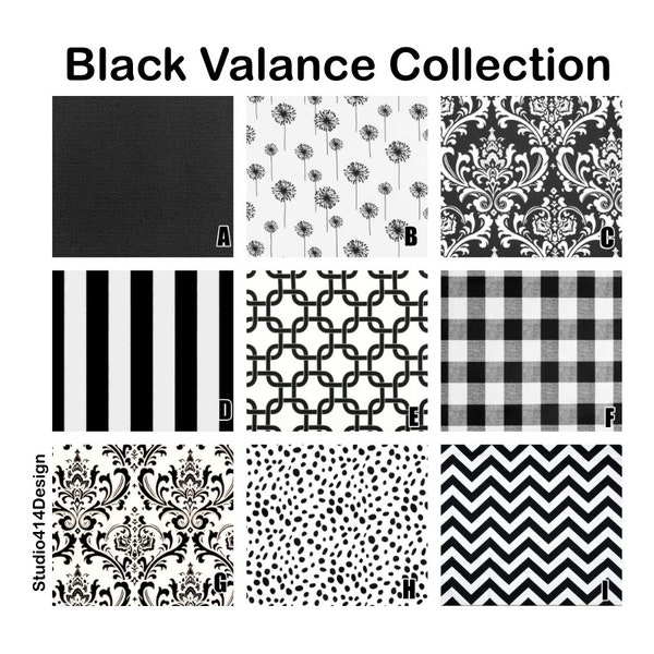 Black Valance Collection. Black  & White. Choose your Fabric. Custom Widths (24"-52")