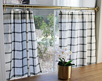 Windowpane Black Café Curtains.(Set of 2 Panels).Color:Black and White.Choose Your Length (15"L up-to 64"L)--UNLINED