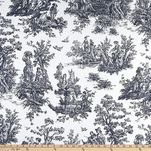 May include: Black and white toile fabric featuring a repeating pattern of people and trees in a pastoral setting. The fabric has a white background with a black design.