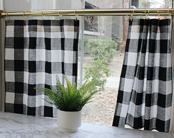 Black Buffalo Check Café Curtains.(Set of 2 Panels).Color:Black and White.Choose Your Length (15"L up-to 64"L)--UNLINED