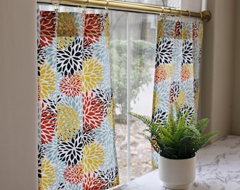 Maya Blooms Café Curtain. (Set of 2 Panels).Colors: White, Light blue, Yellow, Navy, and orange.Choose Your Length (15"L upto 64"L)--UNLINED