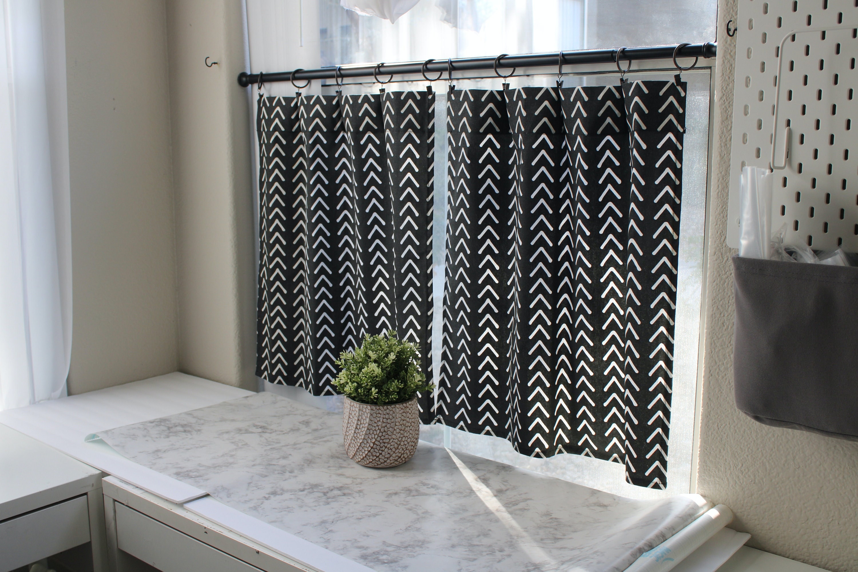 Boho Black Cafe Curtains (Set of 2 Panels).Colors: Black and White. Choose Length (15"L up to 64"L)-UNLINED