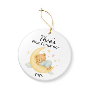 Ceramic Ornament, Baby&#39;s First Christmas Decoration, Sweet Bear Moon Stars, Holiday Gift, Nursery Decor, Keepsake, Personalized Ornament,