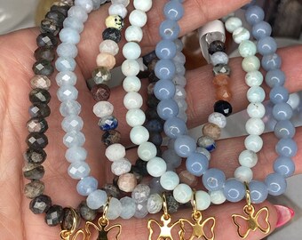 6mm Gemstone Bracelets with Charms/Crystal bracelets/Natural stone bracelets/Butterfly Gemstone Bracelets