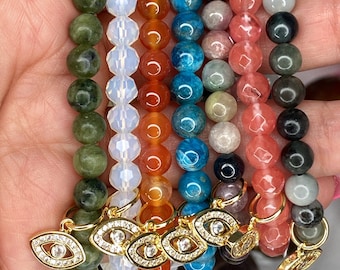 6mm Gemstone Bracelets with Charms/Crystal bracelets/Natural stone bracelets/Evil Eye Gemstone Bracelets