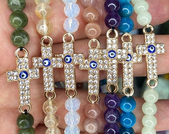 6mm Gemstone Bracelets with Rhinestone Evil Eye Cross/Crystal bracelets/Natural stone bracelets/Evil Eye Crystal Bracelets