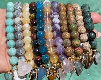 Meditation Bracelets/Yoga Bracelets/Stackable Stretchy Crystal Bracelets/Mala bracelets/Healing Crystal Bracelets with heart charms