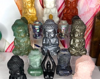Large Crystal Buddha/Black Obsidian Seating Buddha/Selenite Seating Buddha/Gemstone Buddhas