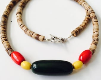 Rasta Necklace for men handmade with Coconut Beads & Ocotillo Stone