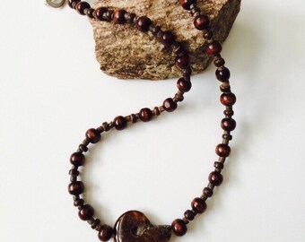 Ammonite Fossil Snail & Wooden Beads Necklace.