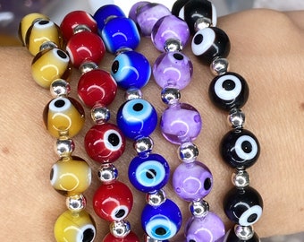 Evil Eye Crystal Bracelets/Meditation Bracelets/Stackable Stretchy Crystal Bracelets/Protection Bracelet/Lampwork Evil Eye Bracelets