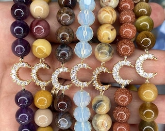 8mm Crystal Bracelets/Meditation Bracelets/Stackable Stretchy Crystal Bracelets/Gemstone Bracelets/Rhinestone Moon Crystal Bracelets