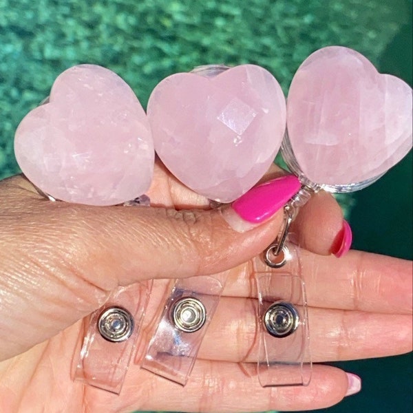 Retractable, Faceted Rose Quartz Heart Badge/ID Holder/Healing Crystal Reel Badge/ID Holder