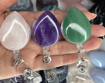 Teardrop Crystal Badge/ID Holders/Amethyst Holder/Green Aventurine Holder/RQ Holder