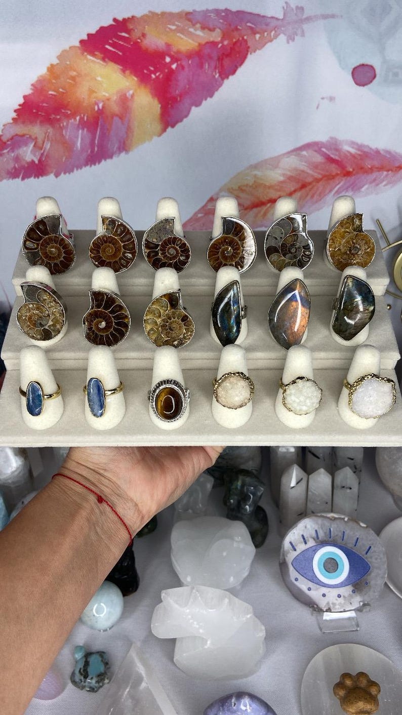 May include: A display of 18 rings with various gemstone and fossil inlays. The rings are arranged on a white display stand with three tiers. The rings feature a variety of colors, including brown, white, blue, and green.