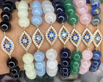 Evil Eye Crystal Bracelets/Meditation Bracelets/Stackable Stretchy Crystal Bracelets/Evil Eye Gemstone Bracelets/Protection Bracelet/