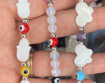 Evil Eye Hamsa Crystal Bracelets/Meditation Bracelets/Stackable Stretchy Crystal Bracelets/Butterfly Gemstone Bracelets/Protection Bracelet/