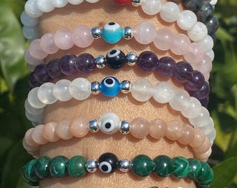6mm Evil Eye Crystal Bracelets/Meditation Bracelets/Stackable Stretchy Crystal Bracelets/Evil Eye Gemstone Bracelets/Protection Bracelet/