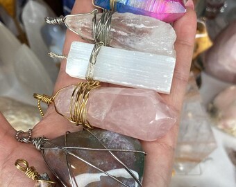Handmade Wired Crystal Necklaces/Ocean Jasper Necklace/Rose Quartz Point Necklace/Rhodonite Moon Necklace/Selenite Necklace/Raw Tourmaline