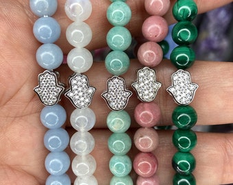 6mm Gemstone Bracelets with Rhinestone Hamsa/Crystal bracelets/Natural stone bracelets