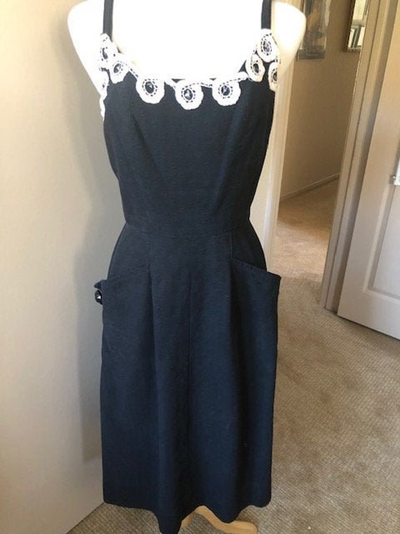 1940s 1950s Black spaghetti strap cocktail dress w