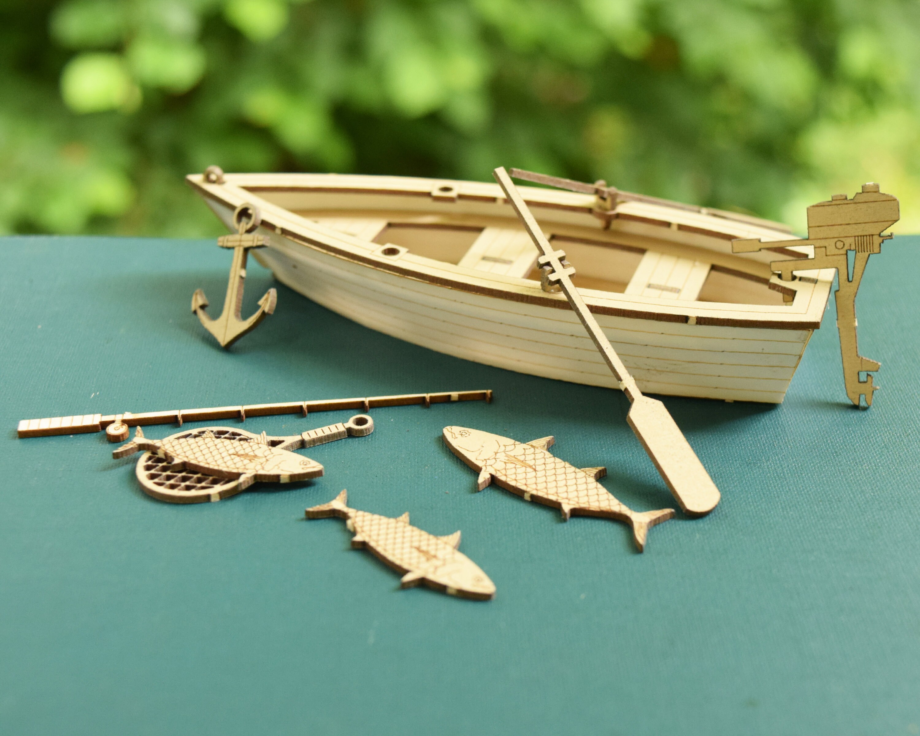 Fishing Boat Model Kit, Laser Cut, Includes Boat, Fish and Accessories 