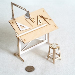 Miniature Drafting Table Model Kit with Real Wood Tabletop, Lasercut, Architectural DIY Scale Model image 5