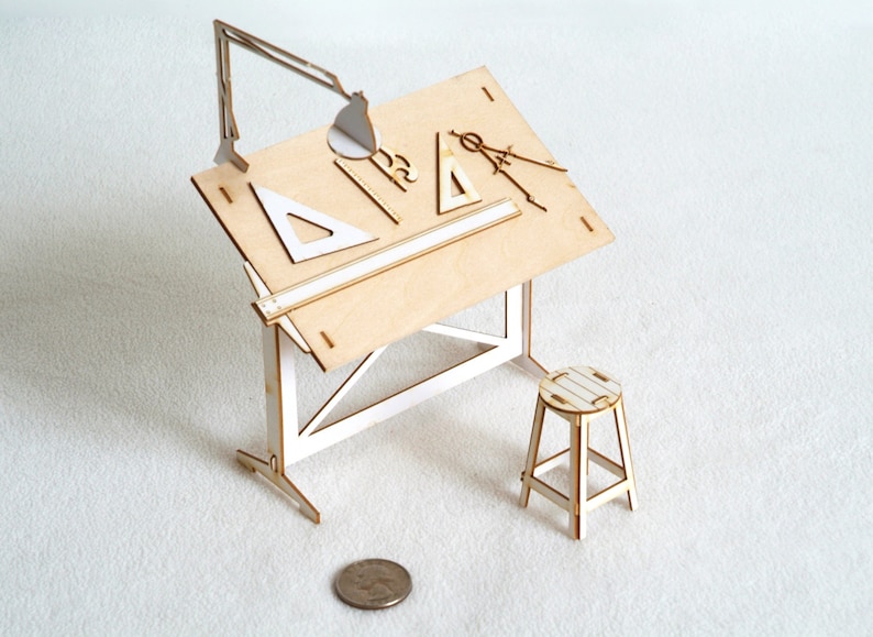 Miniature Drafting Table Model Kit with Real Wood Tabletop, Lasercut, Architectural DIY Scale Model image 5