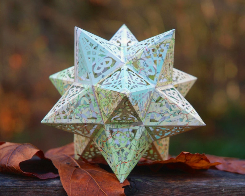Earth Star Model Kit made from Recycled Vintage Maps, Geometric Design Stellated Dodecahedron, Educational Gift 