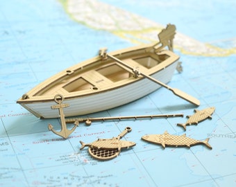 Fishing Boat Model Kit, Laser Cut, Includes Boat, Fish and Accessories