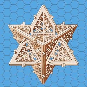 May include: A wooden 3D star ornament with a snowflake design. The star is made of many small pieces of wood that are intricately joined together.