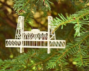 Steel Bridge Ornament, Portland Oregon, Hand Painted and Hand Assembled, Silver