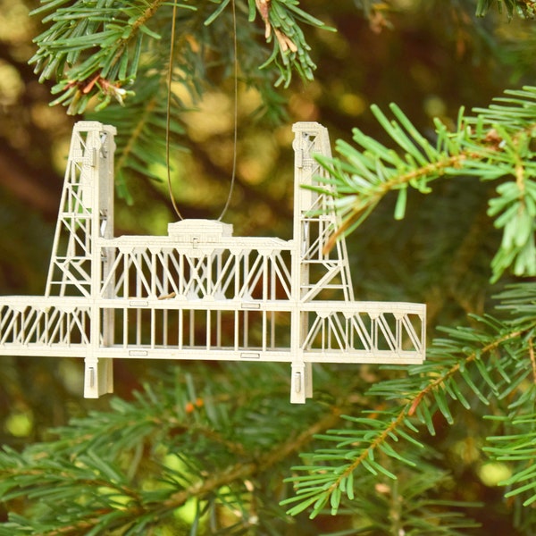 Steel Bridge Ornament, Portland Oregon, Hand Painted and Hand Assembled, Silver