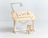 Miniature Drafting Table Model Kit  with Real Wood Tabletop, Lasercut, Architectural DIY Scale Model