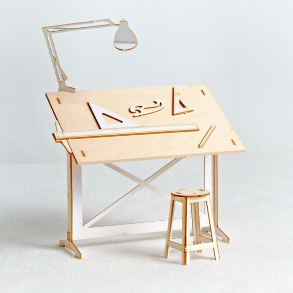 Mesa de dibujo en miniatura con tablero de madera auténtica, cortada a láser, maqueta arquitectónica DIY.