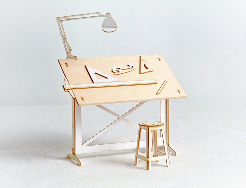 Miniature Drafting Table Model Kit  with Real Wood Tabletop, Lasercut, Architectural DIY Scale Model 