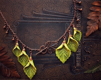 Hand sculpted copper leaf necklace fall