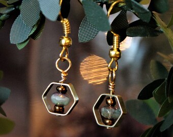 Hexagon gold earrings | turquoise bead |