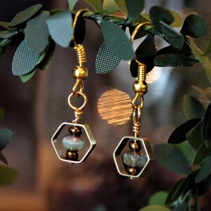 Hexagon gold earrings | turquoise bead |