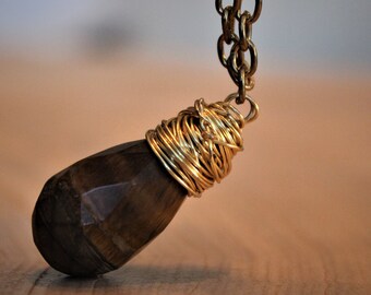 Gold Wire Wrapped Necklace With Brown Stone Teardrop Pendant