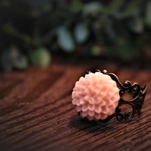 Pink flower ring, with adjustable filigree gold coloured band image 1