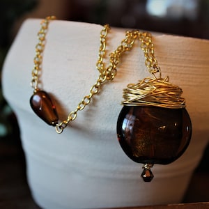Nature / Woodland Inspired, Coffee and Caramel Brown Coloured, Bright Gold Wire Wrapped Necklace, with Asymmetrical Brown Bead.