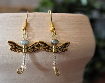 Dragonfly beaded earrings | gold wire dragonfly earrings | women's dragonfly earrings