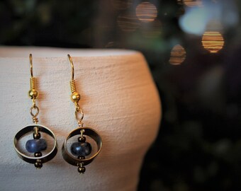 Gold oval geometric earrings | blue stone bead | brown bead accent