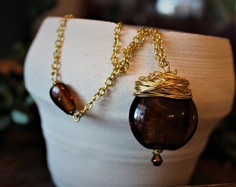 Nature / Woodland Inspired, Coffee and Caramel Brown Coloured, Bright Gold Wire Wrapped Necklace, with Asymmetrical Brown Bead.