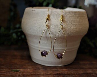 Amethyst earrings with gold | semi precious stone | third eye chakra activation | gold wire | half moon | spiritual connection