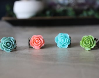 Filigree and Flower Ring Available in Blue, Green, Grey Blue and Pink