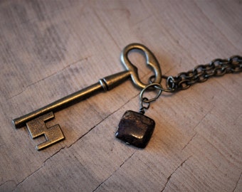 Skeleton key necklace with square, semi precious bronzite bead accent